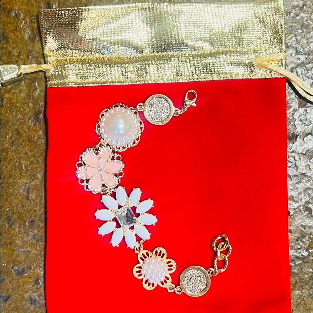 Gold and pink and white Floral Charm Bracelet